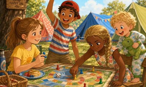 A happy, kind 10-year-old girl with freckles and light brown hair in a ponytail wearing a yellow T-shirt and denim shorts gently holds a game piece and looks at her little brother; Jake, an excited 10-year-old boy with short brown hair, a red cap and striped T-shirt, stands by a wooden table tossing a die; Emily, a mischievous focused 10-year-old with braided blonde hair in a floral dress, sits moving a token toward the winning square; Max, their curious joyful 3-year-old brother with curly blonde hair in dinosaur pajamas, clutches a dinosaur cuddly and climbs onto the chair next to his sister. The setting is a summer campsite: a large wooden table under a green-leaved oak, colorful tents, blue sky, green grass, picnic baskets and plates of pancakes. They're playing a board game outdoors in a friendly tournament, laughing as dice roll and colorful pieces move across an illustrated board in warm golden morning light, lively cozy atmosphere. Graphic style: bright colors, soft outlines, visible fabric and wood textures, clear childlike facial expressions.