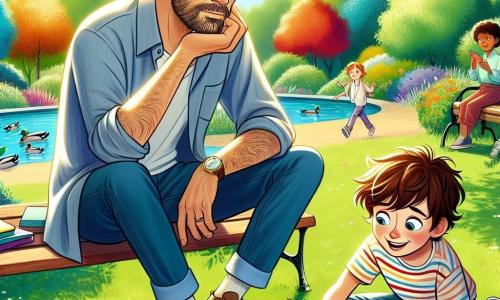 Um homem de meia-idade, Miguel, está sentado em um banco em um parque ensolarado, com cabelos castanhos levemente grisalhos e uma barba bem aparada. Ele tem um olhar pensativo e sonhador, segurando um caderno de esboços aberto sobre os joelhos, onde começa a esboçar ideias coloridas. Ao seu lado, um garoto de 8 anos, Lucas, com cabelos castanhos bagunçados e olhos brilhantes de curiosidade, está sentado de pernas cruzadas na grama. Ele desenha com entusiasmo em seu próprio caderno, mostrando desenhos de patos e flores, enquanto lança olhares admirativos para Miguel. O parque é repleto de vegetação luxuriante, com árvores de folhas vibrantes e um pequeno lago brilhante ao sol, onde patos nadam tranquilamente. Crianças brincam ao fundo, acrescentando uma atmosfera alegre e animada à cena. A situação principal mostra Miguel, inspirado pela criatividade de Lucas, desenhando em seu caderno, enquanto Lucas o encoraja com ideias imaginativas, criando assim um momento mágico de troca artística entre os dois.