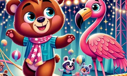 A brown bear named Benny, with soft and shiny fur, stands on a tightrope, his eyes sparkling with joy and excitement. He has a big smile on his face and wears a starry scarf around his neck. Next to him, an elegant pink flamingo, with bright pink feathers and a graceful long neck, encourages him with a warm smile, its wings slightly spread. Below, a group of animals, including a juggling raccoon and curious elephants, watch the scene with amazed expressions and wide eyes. The setting is a colorful circus tent with red and white stripes, filled with twinkling lights and floating balloons, creating a festive and magical atmosphere. The main scene shows Benny carefully walking on the rope, his trembling but determined paws, while the audience applauds and laughs enthusiastically, creating a joyful and energetic atmosphere.
