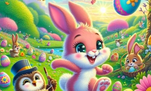 A little rabbit named Benny, with fluffy pink fur and sparkling joyful eyes, is enthusiastically hopping in a green field surrounded by colorful flowers and bright Easter eggs. Next to him, Lucy, a wise owl with brown feathers and big round eyes, is perched on a tree branch, proudly smiling while playing music on a small flute. A little further away, Oliver, a bright blue bird wearing a small top hat, is joyfully flying around them, singing an upbeat melody. The scene takes place in a beautiful sunny field dotted with vibrant flowers and tall majestic trees, under a clear blue sky with fluffy white clouds. The main scene shows Benny, Lucy, and Oliver preparing for an Easter parade, surrounded by colorful eggs and festive decorations, all united in an atmosphere of joy and excitement.