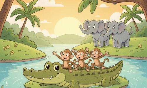 Clarence is a smiling, gentle olive-green crocodile with textured skin and bright round eyes, slowly swimming toward a small island carrying three playful light-brown monkeys seated in a row on his back, some looking toward the shore; in the distance two soft grey elephants stand on the bank with raised trunks watching anxiously, while an old grey-brown owl perches high on a branch as a silent advisor; the setting is a clear turquoise river, grassy banks with yellow flowers and tropical trees, small gentle waves around the crocodile at sunset; the scene conveys a calm, reassuring rescue in pastel colors and soft outlines, expressing solidarity and friendship.