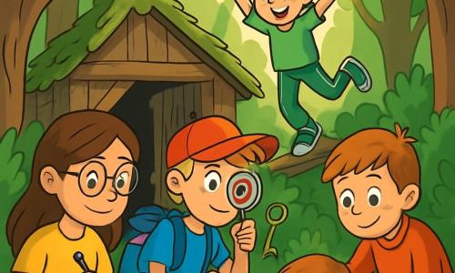 Es gibt 4 Kinder: - Luisa: ein 10-jähriges Mädchen mit langen braunen Haaren und runden Brillen. Sie trägt ein gelbes T-Shirt und eine Jeansshorts und hält ein Notizbuch und einen Stift, bereit, Hinweise zu notieren. - Jonas: ein 11-jähriger Junge mit zerzausten blonden Haaren und einer roten Mütze. Er hat ein blaues T-Shirt und einen Rucksack voller Gadgets und untersucht einen alten Schlüssel mit einer Lupe. - Amelie: ein 10-jähriges Mädchen mit kurzen Haaren und Zöpfen. Sie trägt ein grünes T-Shirt und eine Sporthose und balanciert voller Energie auf einem Ast. - Finn: ein 9-jähriger Junge mit braunen Haaren und Sommersprossen. Er trägt einen orangefarbenen Pullover und Turnschuhe und beobachtet neugierig ein Insekt auf einem Blatt. Die Kinder befinden sich in einem dichten Wald, umgeben von großen, knorrigen Bäumen und dichten Büschen, mit Sonnenstrahlen, die durch das Laub filtern und eine geheimnisvolle Atmosphäre schaffen. Im Zentrum der Szene steht eine alte Holzhuette, die mit Moos bedeckt ist und eine halb offene Tür hat, die interessante Schatten im Inneren zeigt. Die Hauptsituation zeigt, wie die Kinder die Huette erkunden, voller Aufregung und Neugier, während sie eine alte, staubige Truhe entdecken, umgeben von Blättern und Wildblumen, bereit, das Geheimnis zu lösen, das sie umgibt.