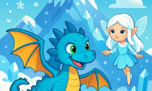 Een jonge draak, Draco, met glinsterende felblauwe schubben en sprankelende smaragdgroene ogen, staat aan de voet van een besneeuwde berg. Hij spreidt zijn majestueuze vleugels, klaar om op te stijgen, terwijl een vastberaden glimlach zijn gezicht verlicht. Naast hem zweeft een kleine elfachtige sneeuwmeisje, met stralend wit haar en lichtblauwe ogen, iets boven de grond, haar transparante vleugels glinsteren in de zon. Ze kijkt naar Draco met een mix van aanmoediging en mysterie. De achtergrond toont een imposante berg, bedekt met glinsterende sneeuw en ijs kristallen die als diamanten in de zon schitteren. Sneeuwvlokken dansen in de lucht, wat een magische en feeërieke sfeer creëert. De hoofdsetting toont Draco die klaar is om zijn beklimming te beginnen, vastbesloten om het Oog van de Storm te vinden, terwijl de elf hem advies geeft, wat een vleugje mysterie aan zijn avontuur toevoegt.