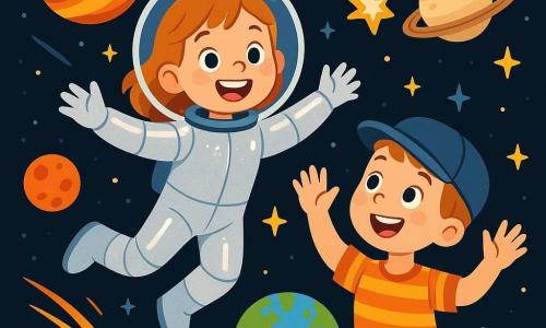 A young girl, Lily, is wearing a shiny silver spacesuit that gleams under the starlight. Her face is lit up with a broad smile, her eyes sparkling with joy and wonder as she floats in zero gravity, surrounded by colorful planets and shimmering comets. Next to her, a boy named Timmy, about 8 years old, wears a pilot's cap and a striped t-shirt. He looks at Lily with admiration, arms raised as if he wants to touch the stars. The scene takes place in the vastness of space, with a black background dotted with bright stars, and Earth visible in the distance, a blue and green sphere. The main focus shows Lily and Timmy marveling at a celestial display, with shooting stars crossing the sky as they joyfully float in their space adventure.