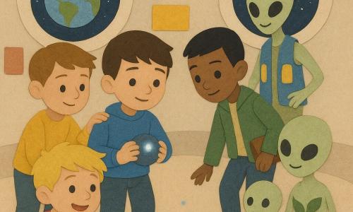 Hay 7 personajes: Bruno, niño de 8 años, cabello castaño corto, sudadera azul, en el centro sosteniendo un dispositivo redondo que emite una luz suave y proyecta puntos azules en el suelo; Iker, niño de 8 años, delgado, cabello negro, chaqueta verde, a la derecha de Bruno, inclinado observando la proyección y con una pequeña bolsa; Mateo, niño de 8 años, cabello castaño, suéter amarillo, a la izquierda de Bruno con la mano en su hombro, rostro tranquilo; Samu, niño de 8 años, cabello rubio despeinado, camiseta roja, agachado delante de Bruno, sosteniendo una galleta grande y riendo, señalando una planta que canta; Lun, extraterrestre no binario, piel color melón, ojos negros grandes y brillantes, pequeño, de pie detrás de la mesa a la izquierda, sonriendo y mostrando una tableta luminosa; Rii, extraterrestre no binario, piel color melón, brazos finos, centro-atrás, con un chaleco de bolsillos luminosos tocando un tubo con una planta cantante; Poma, extraterrestre no binario, piel color melón, más pequeño a la derecha, sosteniendo una bolita de color como 