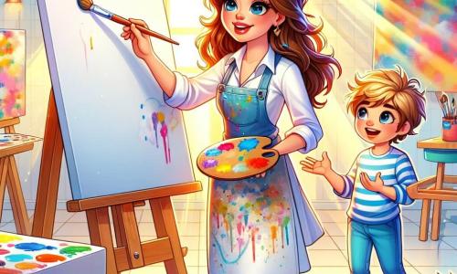 Una artista llamada Sofía está de pie frente a un enorme lienzo blanco, con el rostro radiante de alegría y concentración. Tiene el cabello largo y castaño, una blusa salpicada de pintura y sostiene un pincel colorido en su mano derecha. A su lado, un niño curioso llamado Lucas, de unos 8 años, con el cabello rubio desordenado y una camiseta a rayas, observa con asombro el trabajo de Sofía. La escena se desarrolla en un taller luminoso, lleno de lienzos de todos los tamaños, tarros de pintura de colores vivos y pinceles esparcidos sobre una gran mesa de madera. Rayos de sol entran por una gran ventana, iluminando los colores vibrantes del taller. Sofía y Lucas discuten ideas para el cuadro, rodeados de creaciones artísticas, mientras Sofía le explica a Lucas cómo mezclar colores para dar vida a su obra.