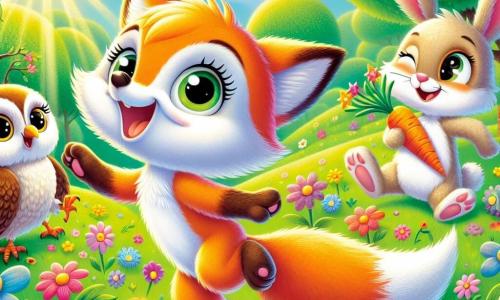 In a sunny meadow, a little fox named Felix, with his bright orange fur and bushy tail, jumps for joy, smiling amidst colorful flowers. Next to him, a wise owl named Bella, with big round eyes and brown feathers, is perched on a tree branch, hooting happily while holding a book about nature. Not far away, a little rabbit named Benny, with long ears and white fur, is gathering carrots and flowers, his face beaming with happiness. The setting is a green field dotted with vibrant flowers under a clear blue sky, with sunlight illuminating the scene. The main situation shows Felix and his friends preparing for a spring party, filled with excitement and joy, surrounded by laughter and colors, ready to celebrate together.