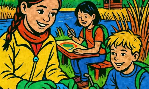 Een vrolijk geconcentreerd meisje van 12 met gevlochten bruin haar, gele jas en rode sjaal raapt met groene handschoenen een blauw plastic stukje op; een ongeveer 11-jarige jongen met warrig blond haar in jeans buigt naast haar en glimlacht terwijl hij een grijze pincet vasthoudt; een ongeveer 12-jarig meisje met kort zwart haar en een groene rugzak tekent een kleurig bord op karton op een bankje achter hen; scène aan een rietveld bij een vijver met hoge beige en groene grassoorten, bruine rietstengels, donker water en een handgeschilderd houten bord, smal pad met modderige plassen en een houten vogelkijkhut op de achtergrond; sfeervolle, verzadigde kleuren en dikke contouren in popart-stijl; onderwerp: kinderen die de oever schoonmaken, afval rapen en een bordje 
