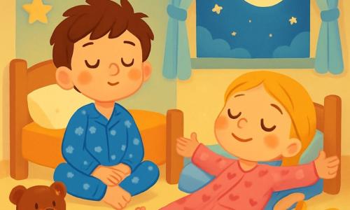 Ci sono 2 personaggi principali: Leo, un bambino di 5 anni con capelli castani disordinati e occhi brillanti, indossa un pigiama blu con stelle bianche ed è seduto sul letto con le gambe incrociate, sorridendo serenamente. Giulia, una bambina di 4 anni con capelli biondi intrecciati e occhi dolci, indossa un pigiama rosa con piccoli cuori ed è sdraiata sul letto con le braccia aperte, guardando il soffitto con meraviglia. La scena si svolge in una cameretta accogliente, con pareti pastello, stelle luminose appese al soffitto e peluche sparsi sul pavimento. Una dolce luce lunare filtra attraverso le tende leggere, creando un'atmosfera tranquilla e magica. Leo e Giulia prendono un grande respiro insieme, i volti rilassati e sereni, circondati dai loro peluche, condividendo un momento di calma, pronti a dormire sotto lo sguardo benevolo della luna.