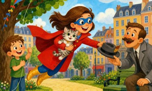 Una supereroina ragazza sorridente con grande sorriso e guance rosse, veste un cappotto rosso, stivali gialli e una maschera tonda blu; vola leggermente tendendo le braccia per prendere un gattino tigrato che si accuccia tra le sue mani facendo le fusa. Un bambino di circa 6 anni, capelli castani corti e maglietta verde, ride e applaude tenendo il filo di un aquilone a sinistra, vicino a un grande albero dalle foglie tonde; a destra un uomo di circa 40 anni, baffi e cappotto grigio, sorride riprendendo il suo cappello vicino a una panchina. Parco urbano colorato con alberi, palazzi sullo sfondo, sentiero di sampietrini gialli e cielo azzurro con nuvole soffici; scena principale: supereroina che aiuta il gattino e restituisce il cappello, toni vivaci, forme semplici e contorni arrotondati, atmosfera calda e giocosa.