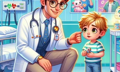 Un médico hombre, de unos treinta años, con cabello castaño y gafas, lleva una bata blanca que brilla bajo la luz. Tiene una sonrisa cálida y ojos llenos de empatía, mientras se arrodilla junto a un niño, Samuel, de aproximadamente 8 años, con cabello rubio desordenado y un rostro preocupado. Samuel sostiene un pequeño juguete en forma de coche en sus manos y mira al médico con una expresión de confianza que comienza a dibujarse en su rostro. En la sala de urgencias de un hospital, las paredes están pintadas de azul claro, y hay carteles coloridos de superhéroes y animales sonrientes decorando la habitación. Se pueden ver equipos médicos, como un monitor cardíaco y estanterías llenas de suministros. El médico explica con calma a Samuel cómo le ayudará a respirar mejor, mientras que la madre de Samuel, una mujer de unos treinta años con cabello castaño y un rostro preocupado, se encuentra al lado, con las manos apretadas sobre su corazón, observando la escena con esperanza.