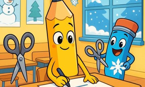 A small yellow pencil named Pip, with a smiling face and bright eyes, stands in the center of a cozy classroom surrounded by winter decorations. He looks both shy and determined, with his tip slightly raised, ready to write on a large poster. To his right, a joyful blue pencil with sparkling eyes is busy cutting out paper snowflakes, while to his left, a gray pair of scissors, with a focused expression, is preparing to assist with the decoration. The classroom features light yellow walls adorned with winter drawings, and windows lined with sparkling snow. Paper snowflakes hang gently in the air above the desks. Pip is writing winter safety rules on a large poster, surrounded by his friends, all united in a joyful and creative atmosphere, ready to celebrate winter while staying safe.