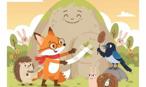 Foxley, a small elegant anthropomorphic fox with thin round glasses and a red scarf, mischievous and determined with bright russet fur, carefully holds a large white bandage against the knee of Mount Nibble — a rounded, knee-shaped anthropomorphic mountain with beige rocky texture, green moss and a smiling face carved near the summit — while Pip, a small round hedgehog with neat quills, stands front-left holding an open cupcake box and smiling reassuringly; Sir Pickleton, a slightly pompous blue-and-black magpie, perches on a rock to the right, waving an old feather duster and making a nervous little bow; Cressida, a slow graceful slug/snail with a tiny lotion bottle attached to her shell, advances at the mountain's base with a focused gentle expression. The scene is a colorful sunset meadow with tender green stylized grass, simple red and yellow flowers, soft clouds, a few cartoony rabbits and trees watching and applauding, warm light and flat shadows; the friends joyfully and cooperatively apply a knee bandage to the mountain, centered on the action.