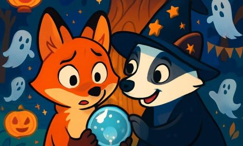 A young, clever fox named Jasper, with bright orange fur and sparkling curious eyes, stands at the center of the scene, looking both amazed and a bit anxious while holding a small, shimmering glass orb in his paws. Next to him, a friendly badger named Molly, with silky black and white fur and a star-adorned witch's hat, gazes at the fox with an encouraging smile, her eyes shining with excitement and friendship. The setting is an enchanted clearing in Maplewood Burrow, illuminated by floating pumpkin-shaped lanterns, surrounded by tall trees with golden leaves and sparkling Halloween decorations. The scene depicts Jasper and Molly ready to embark on a magical adventure, surrounded by ghostly creatures dancing around them as they stand before a large gnarled tree, their hearts racing with excitement and apprehension.