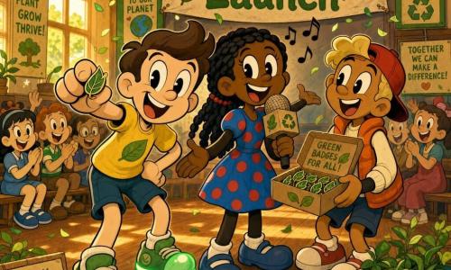 Three children, about 8 years old: Sam, a brown-haired boy in green glittery sneakers and a yellow t-shirt with a leaf, leans forward center-left offering a small leaf-shaped pin; Maya, a black-haired girl in a braid at center, wearing a blue polka-dot dress and holding a decorated cardboard microphone, smiles as she sings; Theo, a blond boy in a red cap and orange vest at right, holds an open box of green badges and watches enthusiastically. They stand in a warm school hall with light wood floors and large sunlit windows, green posters and a “Green Rule Launch” banner on the walls, leaf-shaped confetti falling and blurred classmates on benches clapping. The scene shows a joyful launch ceremony for eco-rules as the kids present leaf badges amid bright colors, warm light and handmade eco decorations suggesting hope and collective action.