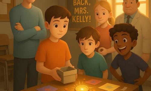 There are six characters: Milo, an attentive 11-year-old boy with short brown hair holding a small fabric box at the center in front of the table; Rowan, an unusually tall 11-year-old boy with pale skin and calm posture to Milo’s left, arms crossed; Jayden, an 11-year-old boy with tousled chestnut hair and a wary look to Milo’s right, leaning slightly toward the table; Nico, an 11-year-old boy with curly black hair and an exaggerated smile standing near Jayden with hands on hips; Sasha, a 12-year-old girl with a blonde ponytail and flushed cheeks standing behind the table near a poster, holding a roll of tape; Mr. Pritchard, an adult man around 50 with a large build and beige coat standing behind Sasha near the door, looking sheepish but kind. Setting: a small teachers’ room lit by a rectangular window with a worn wooden table at the center covered in colorful handmade cards and a large glittery “WELCOME BACK, MRS. KELLY!” poster, a corkboard behind the table, a stacked chair in a corner, light-colored tiled floor and warm golden light. Main situation: the children discover a bright, focal medallion on the table surrounded by handmade cards and the poster, their faces showing emotion, surprise and relief; orange candy traces and bits of tape add realism.