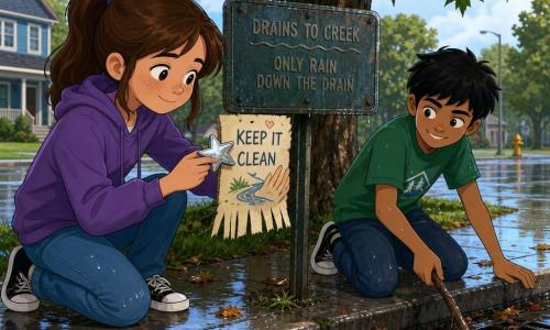 A calm, bright after‑rain scene at the edge of a park: 12‑year‑old Mina, round freckled face and brown mid‑length hair in a ponytail, concentrates with a shy smile as she presses a fringed paper against a small metal sign using a shiny star magnet in her left hand; about‑12‑year‑old Jax, short black hair and a green t‑shirt, kneels beside her using a stick to push wet leaves out of the dark grated gutter to her right; wet sidewalk, puddles, damp grass, a worn “DRAINS TO CREEK / ONLY RAIN DOWN THE DRAIN” sign and a large dark‑green maple in the background, with droplets and leaves on the pavement and vivid, wet textures.