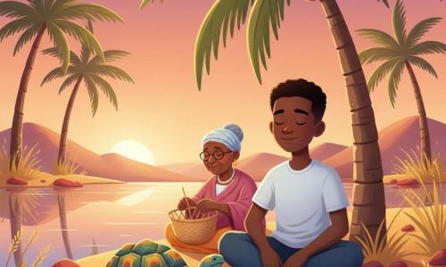 A young man (about 20) sits under a palm tree, serene and awed, eyes half-closed, hands on his knees, listening to rustling leaves; an elderly woman (about 70) with deep wrinkles and a gentle smile braids a basket a few steps behind him to the left; a slow tortoise with a textured, colorful shell moves near his feet, calm and attentive; the setting is an oasis at dusk with mirror-like water reflecting an orange-purple sky, tall palms, golden grasses and warm red stones; the scene is warm and peaceful with long graphic shadows, sharp textures, saturated colors and soft contrasts in a childlike style with rounded shapes, simple lines and readable expressions.