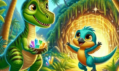 A young Tyrannosaurus Rex named Tilly, with shiny green scales and big curious eyes, stands at the edge of a sparkling cave, her face lit up with excitement and wonder. Beside her, a small Velociraptor named Vicky, with bright blue feathers and sparkling eyes, joyfully hops, showing her enthusiasm for adventure. The setting is a lush valley filled with giant ferns and majestic palm trees, while in the background, the cave sparkles with colorful crystals that shine like stars. The main scene shows Tilly and Vicky, arms full of sparkling treasures, ready to share their amazing discovery with their friends, surrounded by a vibrant and magical landscape.