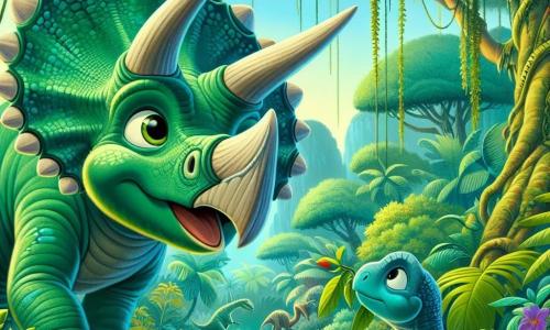 Un triceratops numit Tiri, cu o piele verde strălucitoare și trei coarne strălucitoare, stă curios în mijlocul unei jungle luxuriante, cu ochii mari și rotunzi plini de uimire. Lângă el, un mic dinozaur cu gât lung, un brachiosaur, se apleacă să guste o frunză jucăușă, cu solzi de un albastru strălucitor care contrastează cu verdeața din jur. Jungla este densă, plină de copaci uriași cu trunchi groși, liane suspendate și flori colorate care înfloresc ici și colo, creând un tablou viu. Tiri, intrigat de un foșnet, se apropie încet de un tufiș, pregătit să descopere un nou prieten în această lume plină de aventuri.