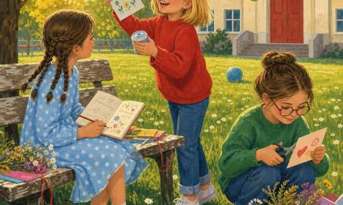 Ci sono tre bambine di circa 9 anni: a sinistra una bimba con capelli castani raccolti in tre trecce, vestito azzurro a pois bianchi, seduta su una vecchia panchina di legno con un taccuino pieno di disegni; al centro una bimba bionda a caschetto con maglione rosso, in piedi sulle punte che ride mostrando un foglio colorato e tenendo un barattolo di colla; a destra una bimba castana con occhiali tondi e felpa verde, accovacciata vicino a un cesto di materiali (carta, nastri, fiori secchi) mentre ritaglia una carta con le forbici. Ambientazione: prato della scuola all'alba con luce dorata, erba con margherite, una panchina davanti a un edificio scolastico crema con grande porta rossa e un pallone blu dietro; alcune foglie volano nel vento. Situazione: preparano regali fatti a mano per la Festa della Mamma tra risate, carta strappata, nastri penzolanti e macchie di colla brillanti, atmosfera calda di amicizia e cura.