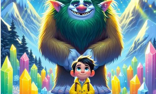 Un troll numit Tilo, mare și păros, cu o frizură de spini verzi și un zâmbet larg, stă în centrul imaginii, având o expresie prietenoasă și primitoare. Lângă el, un băiat de 8 ani numit Alex, cu părul brun și ochii strălucitori, poartă o haină galbenă aprinsă și un rucsac mic. El privește cu uimire trollul, pregătit să trăiască o aventură magică. Fundalul este un peisaj de basm pe vârful unui munte acoperit de zăpadă, cu cristale colorate strălucind sub soare, flori luminoase și zebre de lumină în cer. În fundal, munți măreți se ridică, creând o atmosferă de mister și magie. Situația principală îi arată pe Alex și Tilo în fața unui cerc de gheață care se luminează cu cristale, pregătiți să intre într-o lume magică plină de creaturi fantastice, în timp ce zebrele dansează vesel în jurul lor.