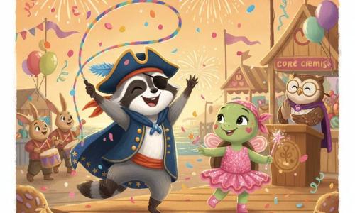 Leo, un pequeño mapache disfrazado de pirata, alegre con parche negro, sombrero con plumas azules y capa estrellada, baila en un pequeño escenario de madera con un lazo colorido y confeti rosa y dorado; Mimi, una tortuga con tutú rosa brillante y una varita mágica, sonríe tímidamente a su lado; el maestro de ceremonias, un búho con gafas redondas y capa violeta en un atril, aplaude mientras algunos conejos músicos tocan tambores; en un muelle decorado con guirnaldas, globos y puestos de golosinas bajo un cielo crepuscular con fuegos artificiales y reflejos dorados en el agua, reina una atmósfera festiva y cálida de victoria y amistad, colores pastel vivos, textura gouache, trazos suaves y detalles divertidos como serpentinas, estrellas de confeti y pequeños espectadores animales sonrientes.