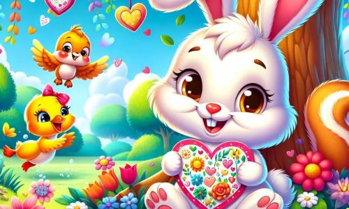 Un pequeño conejo llamado Rabo, con grandes orejas suaves y un pelaje blanco brillante, está sentado bajo un gran árbol, con una radiante sonrisa en su rostro. Sostiene una tarjeta colorida en forma de corazón, decorada con flores y dibujos alegres, mostrando su felicidad por celebrar el Día de San Valentín con sus amigos. A su lado, Chispa, una pequeña ardilla de ojos brillantes y pelaje marrón dorado, salta de alegría sosteniendo una tarjeta que acaba de crear. Tiene una gran sonrisa y está rodeada de guirnaldas coloridas colgadas de las ramas del árbol. Pío, un pato de plumas amarillas brillantes, nada alegremente en un charco cercano, riendo y agitando sus alas, con un pequeño sombrero en forma de corazón que añade un toque festivo. El lugar es un hermoso parque del bosque de Amorrín, lleno de flores vibrantes, grandes árboles de hojas verdes brillantes y un cielo azul claro con nubes blancas esponjosas. La escena principal muestra a Rabo y sus amigos celebrando el Día de San Valentín, intercambiando tarjetas y sonrisas, rodeados de decoraciones coloridas, ilustrando la alegría de la amistad y el amor compartido.