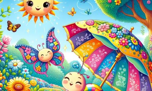 Un pequeño paraguas colorido, con patrones de flores y una cara sonriente, baila alegremente bajo un cielo azul claro, sus varillas agitando con entusiasmo. Cerca, una mariposa de alas vibrantes y coloridas, con ojos brillantes de felicidad, vuela en círculos alrededor del paraguas, añadiendo un toque de magia a la escena. Un pequeño caracol, con un caparazón rayado y una mirada curiosa, avanza lentamente sobre una piedra, observando con asombro a los dos amigos. El decorado es un jardín encantador, lleno de flores brillantes de todos los colores, con árboles majestuosos cuyas hojas brillan al sol. Rays de luz filtran a través de las ramas, creando sombras danzantes en el suelo. La situación principal muestra al paraguas y a la mariposa celebrando juntos la llegada de la primavera, mientras el caracol los anima con una sonrisa, todos unidos en una alegre danza primaveral en el corazón de su jardín mágico.