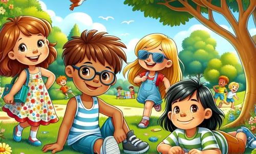 Em um parque ensolarado, quatro crianças brincam juntas. À esquerda, **Pedro**, um garoto de sete anos com cabelos castanhos e óculos, sorri segurando uma bola de futebol. Ao lado dele, **Luísa**, uma menina de sete anos com cabelos longos e loiros, usa um vestido colorido e ri segurando um jogo de tabuleiro. No centro, **Miguel**, um garoto de sete anos com cabelos pretos e sardas, corre em direção a uma grande árvore, com um olhar determinado. Finalmente, à direita, **Sofia**, uma menina de sete anos com cabelos castanhos e óculos de sol, se estica na grama, pronta para uma nova corrida. O parque está cheio de flores coloridas, árvores verdinhas e um céu azul brilhante. As crianças estão fazendo uma pausa após uma partida de futebol, conversando alegremente sobre seu dia perfeito, onde decidiram equilibrar o tempo em telas e o tempo brincando ao ar livre.