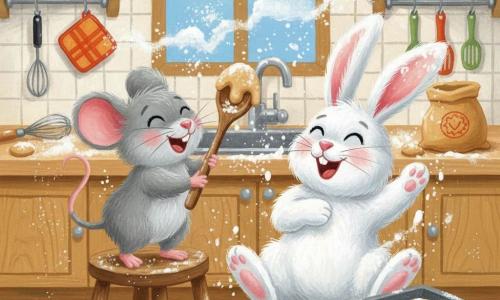 A cheerful, mischievous little mouse named Millie with bright eyes and soft gray fur stands on a stool holding a wooden spoon coated in cookie dough beside a surprised, laughing white rabbit named Benny with fluffy long ears and flour dusted over him, sitting by a light wooden countertop in a warm, colorful kitchen with orange and green ceramic jars, scattered flour and sugar, baking tools, and a joyful mess of flour in the air, sparkling sugar, and forming cookies as Millie and Benny laugh together.