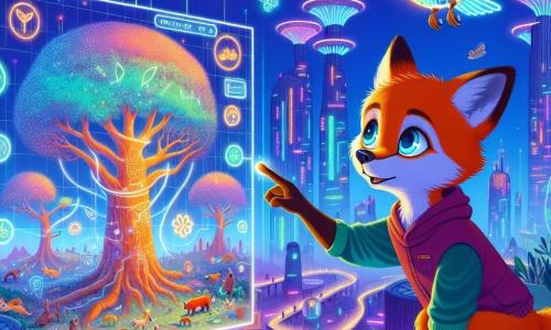 A young fox with bright, curious eyes and vibrant orange fur stands atop a shimmering tower, marveling at a glowing mural he has just created, depicting a majestic tree and animals in harmony with technology. Beside him, a holographic owl with iridescent feathers and wise, large eyes floats in the air, displaying an encouraging and proud expression while showing him interactive elements of the mural. In the background, the futuristic city of Neonwood stretches endlessly, with organically shaped buildings illuminated by colorful neon lights and hanging gardens, while aerial vehicles glide silently in the starry sky. The scene captures the moment the young fox realizes the impact of his art on the city, uniting nature and technology in a dance of light and creativity.