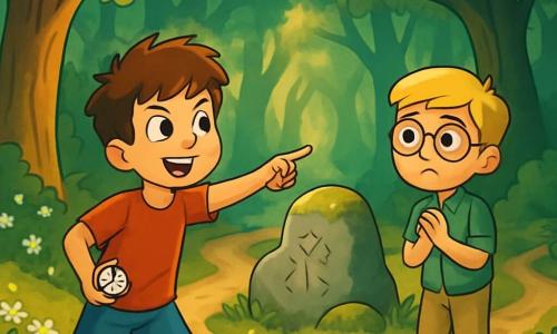 Ci sono 2 personaggi principali: - Tommaso: un ragazzo di 9 anni, con capelli castani arruffati e occhi brillanti di curiosità. Indossa una maglietta rossa e pantaloni blu, e tiene in mano una piccola bussola d'argento. Si trova a sinistra, guardando con determinazione verso la foresta. - Riccardo: un ragazzo di 9 anni, con capelli biondi e occhiali rotondi. Indossa una camicia a quadri verde e pantaloni beige. Si trova a destra, un po' in disparte, con un'espressione di esitazione sul viso. La scena principale si svolge in una foresta incantata, dove alberi maestosi si ergono verso il cielo, le loro foglie brillanti filtrano la luce del sole in riflessi dorati. Il terreno è coperto di fiori argentati che scintillano come stelle, e una vecchia roccia muschiosa, decorata con incisioni misteriose, si erge al centro della scena. La situazione principale mostra Tommaso e Riccardo davanti a una biforcazione di tre sentieri misteriosi, ciascuno circondato da ombre danzanti e luce filtrata. Tommaso, con uno sguardo coraggioso, indica il sentiero centrale, mentre Riccardo, preoccupato, guarda gli altri due percorsi, chiedendosi quale scelta fare di fronte al mistero del Grande Lupo Nero.