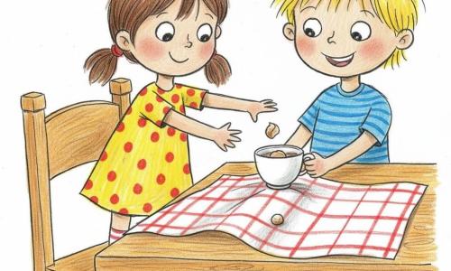 Ci sono due bambini di 3 anni: Lina, capelli castani in codini, vestito giallo a pois rossi, occhi tondi, in piedi sulla sedia a sinistra che tende la mano verso una piccola pagnottina in una tazza; Teo, capelli biondi spettinati, maglietta blu a righe, sorridente, a destra, tiene la tazza con entrambe le mani come se la stesse abbassando. Cucina vista da vicino: tavolo in legno chiaro, tovaglia bianca a quadretti rossi che ondeggia come un mare, grande sedia di legno, tazza bianca sulla tovaglia, una briciola piccola come una perla sul tavolo, luce calda con riflessi gialli sul legno. I due giocano a esploratori: il tavolo è una barca, la tovaglia il mare, salgono sulla sedia per raggiungere il "tesoro" — la pagnottina nella tazza.