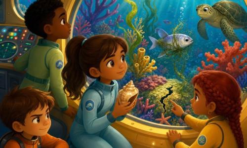 Hay cuatro niños: Luna (8 años), pelo castaño recogido en cola, rostro sereno, con un pequeño traje de buceo azul claro, sosteniendo una concha brillante cerca del ojo de buey central del submarino; Nico (8 años), pelo negro corto, mirada curiosa, traje verde pálido, a la izquierda junto a un panel de control preparando una herramienta; Mara (8 años), pelo rojo trenzado, expresión concentrada, traje mostaza, a la derecha señalando una pequeña fisura en los corales; y Tomás (7 años), pelo castaño, sonrisa traviesa pero seria, traje naranja, sentado atrás con una lámpara que ilumina la escena. Lugar: jardín de coral bajo el mar con corales rojos, violetas y amarillos en formas arbóreas y de vitrales, algas ondulantes y peces y estrellas de mar que crean destellos; luz solar filtrada en rayos dorados que tiñe el agua de azules y verdes. Situación: interior de un submarino amarillo con hublots redondos apoyado junto a una anémona; a través de la ventana se ve un pequeño pez mensajero plateado atrapado en un alga fina que se enrosca en su cola; una raya y una tortuga observan desde fuera. Los niños ayudan con delicadeza: Luna muestra la concha, Nico prepara la herramienta, Mara indica la grieta y Tomás ilumina; escena de ayuda mutua, tensión suave, luz cálida y colores vivos.