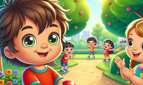 Un niño de 4 años llamado Pablo, con cabello castaño desordenado y ojos llenos de curiosidad, se encuentra en el centro de la imagen, sonriendo con orgullo. Lleva una camiseta roja brillante y un pantalón corto azul, sosteniendo una pequeña pelota roja en sus manos. A su derecha, Ana, una niña de 4 años con cabello rubio trenzado y un vestido de flores coloridas, lo anima con una gran sonrisa, los brazos levantados en señal de emoción. A su izquierda, Luis, un niño de 4 años con cabello negro y gafas redondas, aplaude con entusiasmo, sus ojos brillando de alegría. El escenario es un parque soleado, con árboles verdes y flores coloridas que bordean un camino de grava. Al fondo, se ve un tobogán y otros niños jugando, creando una atmósfera alegre y animada. La escena principal muestra a Pablo, listo para lanzar la pelota roja lo más lejos posible, rodeado de sus amigos que lo animan, ilustrando así el tema de la confianza en uno mismo y la amistad.