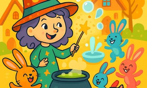 Una strega felice, con un grande cappello a pois multicolori, un sorriso malizioso e capelli ricci viola, si trova davanti a un grande calderone fumante. Indossa un vestito verde decorato con stelle scintillanti e tiene una bacchetta magica che brilla. Accanto a lei, un gatto nero dagli occhi brillanti, di nome Zampetta, osserva con curiosità. Sullo sfondo, conigli dalle grandi orecchie e pelaggi colorati danzano allegramente, facendo piroette intorno alla strega. Il decor è un villaggio incantevole, con case di pan di zenzero, alberi dalle foglie dorate e una fontana che spruzza bolle di sapone. La scena mostra la strega, sorpresa e divertita, che guarda i conigli che si agitano intorno a lei, mentre bolle di sapone fluttuano nell'aria, creando un'atmosfera magica e giocosa.