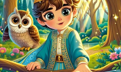 A prince named Leo, about 10 years old, stands by a shimmering river, his eyes sparkling with wonder. He wears a blue tunic adorned with golden patterns and a delicate crown on his head. He reaches out to the water as if listening to a secret whispered by the river. Beside him, a wise owl named Oliver, with big round eyes and brown feathers, perches on a branch, looking at the prince with an encouraging expression, his wings slightly spread, ready to take flight. The setting is an enchanted forest with majestic trees, vibrant green leaves, and colorful flowers dancing around them. Sunlight filters through the branches, creating golden glimmers on the water. The main scene shows Prince Leo listening to the soft voice of the river spirit emerging from the sparkling waters, capturing the essence of a fairy tale with its magical and peaceful atmosphere.
