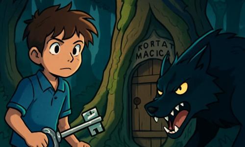 Un ragazzo di 12 anni, di nome Luca, si trova coraggiosamente davanti a un grande albero antico, con gli occhi brillanti di determinazione e il viso segnato da una leggera nervosità. Ha i capelli castani arruffati, una camicia blu e pantaloni di tela, e stringe una chiave d'argento nella mano. A pochi passi da lui, un enorme lupo, con occhi gialli penetranti e pelliccia nera, si trova in posizione minacciosa, con i denti scoperti, pronto ad attaccare. Il luogo è una radura scura e misteriosa, circondata da alberi nodosi coperti di muschio, con raggi di luna che filtrano attraverso le foglie, creando ombre danzanti sul terreno. La situazione principale mostra Luca, determinato a proteggere il suo villaggio, di fronte al lupo, pronto a usare la chiave per chiudere la porta magica nascosta nelle radici dell'albero.