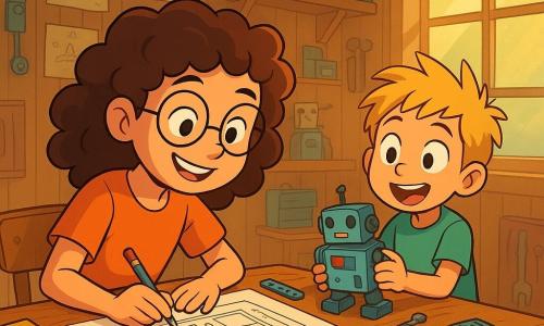 A young inventor, Mina, a 10-year-old girl with curly brown hair, wearing round glasses and a radiant smile of pride, is bent over her wooden desk surrounded by various tools and parts, drawing plans for her invention. Next to her, her little brother Sam, a 7-year-old boy with messy blonde hair, watches with wide eyes, holding a half-assembled plastic robot. Their workshop is a small wooden cabin filled with soft light, with walls covered in colorful sketches and shelves loaded with gadgets. Sunbeams filter through a window, illuminating the dust in the air. Mina is building a "Hallway Helper," a clever piece of furniture for storing keys and mail, while Sam enthusiastically encourages her, adding a touch of magic to the creative atmosphere.