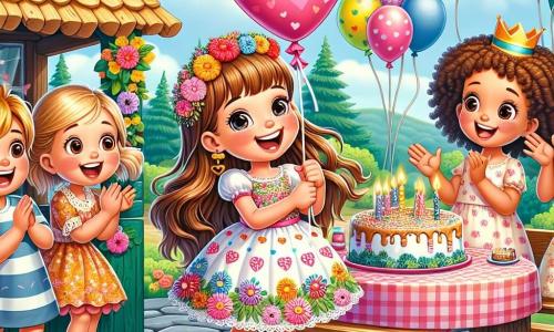 Uma menina de 10 anos, Clara, com longos cabelos castanhos e olhos brilhantes, sorri alegremente no centro da imagem, segurando um grande balão em forma de coração. Ela usa um vestido colorido com padrões de flores e sandálias. Ao lado dela, seu amigo Lucas, um garoto de 10 anos com cabelos loiros e óculos redondos, aplaude entusiasticamente, enquanto Sofia, uma menina de 9 anos com cabelos cacheados e pele caramelo, decora uma mesa com balões e guirlandas. A cena acontece em uma charmosa pracinha, cercada por árvores verdes e bancos de madeira, sob um céu azul com nuvens brancas. Ao fundo, vê-se um pequeno quiosque decorado com flores. A situação principal mostra Clara, cercada por seus amigos, celebrando seu aniversário com risos e sorrisos, enquanto uma grande mesa está cheia de bolos e guloseimas coloridas, criando uma atmosfera festiva e alegre.