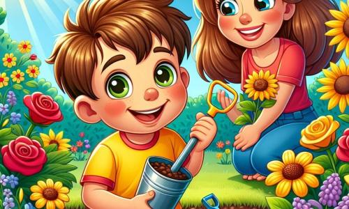 Um garoto de 4 anos, Miguel, com cabelos castanhos bagunçados e um grande sorriso alegre, está agachado em um jardim ensolarado, segurando uma pequena pá de plástico. Ele veste uma camiseta amarela brilhante e um short azul, seus olhos brilham de excitação enquanto planta sementes de flores coloridas no solo. Ao lado dele, sua mãe, uma mulher de cerca de 30 anos com cabelos longos e castanhos, o incentiva com um sorriso caloroso, segurando um regador cheio de água. O jardim está cheio de flores vibrantes, como rosas vermelhas, girassóis amarelos e violetas, cercadas por uma vegetação luxuriante sob um céu azul claro. A cena principal mostra Miguel, entusiasmado e determinado, cuidando da natureza ao plantar flores para embelezar seu jardim.