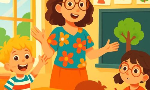Uma professora, mulher de cerca de trinta anos, sorridente e calorosa, está diante de uma sala de aula iluminada. Ela tem cabelos castanhos ondulados, óculos redondos e usa uma blusa colorida com estampas de flores. Ela explica com entusiasmo, de braços abertos, cercada por desenhos de crianças pendurados na parede. Ao lado dela, um menino de 7 anos, com cabelos loiros bagunçados, levanta a mão com um grande sorriso, curioso e animado. Ele usa uma camiseta listrada e um short azul. Um pouco mais longe, uma menina de 6 anos, com tranças castanhas e óculos, observa atentamente, um lápis na mão, pronta para desenhar. A cena acontece em uma sala de aula alegremente decorada, com janelas que deixam entrar a luz do sol, mesas de madeira coloridas e um quadro negro cheio de desenhos de crianças. A professora explica uma lição sobre árvores, enquanto as crianças escutam atentamente, cativadas por suas palavras, prontas para fazer perguntas e descobrir o mundo ao seu redor.