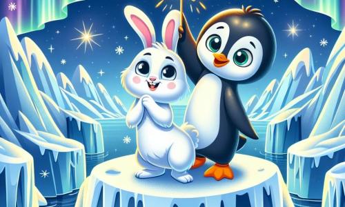 A little penguin named Pip, with shiny black and white feathers, sparkling joyful eyes, and a radiant smile, stands bravely at the top of an ice mountain, holding a shimmering star between his flippers. Next to him, a snow hare named Frosty, with fluffy white fur and large ears, shows an enthusiastic and encouraging expression while helping him place the star on the summit. The landscape is majestic, with sparkling ice mountains under a starry sky, where the northern lights dance in waves of bright colors, illuminating the night with a magical glow. The scene depicts Pip and Frosty fixing the Star of the Aurora, a crucial moment when the magic of Christmas is reborn, filling the air with a festive and warm atmosphere.