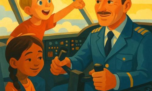 Mężczyzna-pilot około 40 lat, uśmiechnięty i pewny, krótkie kasztanowe włosy, cienkie wąsy, niebieska kurtka pilota z złotymi pagonami, okulary lotnicze na głowie, ręce na sterach, życzliwy wzrok do dzieci; chłopiec około 8 lat, rozczochrane blond włosy, zdumione oczy, stoi na siedzeniu po lewej, wskazuje na zewnątrz; dziewczynka około 9 lat, brązowe włosy w warkoczu, nieśmiały uśmiech, siedzi z zapiętym pasem za pilotem po prawej, patrzy na przyrządy; szczegółowe wnętrze kokpitu z czarną deską rozdzielczą, kolorowymi przyciskami, błyszczącymi zegarami i metalowymi dźwigniami, złote słońce przez szybę; na zewnątrz jasne niebo i białe obłoki poniżej; główna scena: pilot pokazuje i tłumaczy kokpit dzieciom podczas lotu, ciepła, edukacyjna i pełna zachwytu atmosfera.