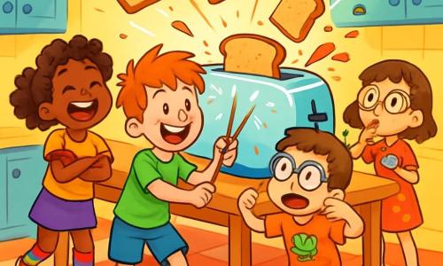 There are 4 children: Max, a 10-year-old boy with messy red hair, wearing a green t-shirt and blue shorts, stands in the center holding a pair of chopsticks with a big smile. Zoe, a 9-year-old girl with curly hair and rainbow socks, is to the left of Max, arms crossed and laughing joyfully. Leo, a 10-year-old boy with glasses and a frog-patterned t-shirt, is to the right of Max, making a funny face, ready to catch a small piece of flying bread. Mia, a 9-year-old girl with brown hair in a polka dot dress, is slightly behind, holding a small umbrella and watching the scene with sparkling curious eyes. The setting is a colorful kitchen with yellow walls, red and white tiled floor, and a large wooden table in the center where slices of bread are flying in the air. A giant, smiling toaster sits in the middle, surrounded by crumbs and splashes of jam. The main scene shows the children running and laughing, chasing a small piece of golden bread escaping from the toaster, while bursts of light and crumbs fly around them, creating a playful and absurd atmosphere.