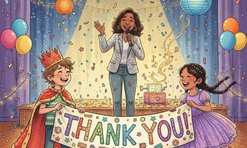 There are three characters: Milo — an ~8-year-old boy with messy brown hair, a red-and-gold cape and a cardboard crown, holding the left edge of a large colorful banner and smiling at the crowd (foreground left); Lila — an ~8-year-old girl with dark braided hair with small bells, wearing a sparkly purple tulle dress, holding the right edge of the banner and laughing (foreground right, slightly turned toward Milo); and the teacher — a woman ~30, in a shimmering silver jacket holding a microphone, standing behind them center under a spotlight, applauding emotionally. The setting is a large decorated gym with shiny parquet, hanging ribbons, paper lanterns, balloon clusters, a small rear stage strewn with confetti and warm spotlighting. Milo and Lila unfurl a giant “Thank You!” banner with bubble letters, stars and stickers as a shower of colorful confetti falls from the ceiling; on the small stage a music box sparkles and releases a visible melody of floating golden notes, creating a festive scene of movement, smiles and bright colors.