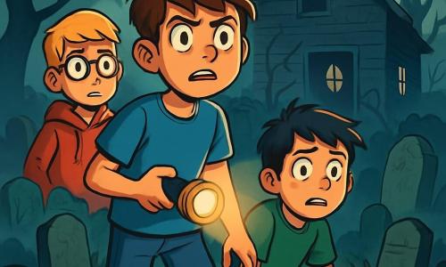 There are 3 characters: Nathan, a 12-year-old boy with messy brown hair and hazel eyes, wearing a blue t-shirt and ripped jeans, standing in the center with a flashlight in hand, his face marked by determination and fear; Jem, also 12, with short blonde hair and round glasses, dressed in a red hoodie, slightly retreating and looking around with a worried expression; and Lucas, a 12-year-old with black hair and freckles, wearing a green t-shirt and shorts, crouched near Nathan with a pale face and wide eyes filled with terror. The main setting is an old cemetery shrouded in light mist, with ancient gravestones covered in moss. In the background, an abandoned house stands with dark windows like empty eyes and a twisted wooden door, ready to open to the unknown. Twisted trees and brambles surround the path, adding a sinister atmosphere. The main situation shows the three boys standing in front of the house, their faces illuminated by the flickering light of the flashlight, as a mysterious shadow appears behind a window. They are frozen, hearts racing, ready to face their fears in this haunted place.