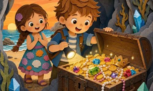 A 6-year-old boy with a round face and light brown hair in a lock, wide curious eyes and a delighted smile holds a small torch and leans over an old wooden chest he is opening, excited and brave; behind him to his left stands Lily, a 6-year-old girl with brown hair in a braid and a colorful shell-patterned dress, hands clasped and eyes shining, ready to help. The worn wooden chest with rusty metal fittings spills gold coins and colorful jewels in the center of a coastal cave with textured gray stone walls, small stalactites, blue and green crystals reflecting light, and dry seaweed on the walls. The cave entrance opens onto a golden sandy beach under a sunset sky with orange-pink gradients and a few stylized seagulls. Warm, magical atmosphere with bold contrasts, soft shadows, vivid colors, simple shapes and clean graphic details evoking a paper-cut style.