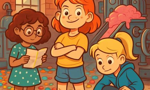 There are 3 characters: - Lucy: A 10-year-old girl with bright red hair, wearing a bright yellow t-shirt and denim shorts. She stands in the center, arms crossed, with a determined smile. - Mia: A 10-year-old girl with curly brown hair, wearing round glasses and a polka dot dress. She is slightly in the background, holding a map with a focused expression. - Zoe: A 10-year-old girl, the tallest of the three, with blonde hair in a ponytail. She wears a blue hoodie and leggings. She is crouching, examining footprints in the dust with a curious look. The main setting is an old candy factory, with faded brick walls and dusty windows. Rusty machines are scattered around, and colorful candy mats cover the floor. In the background, a large vat overflows with pink gum, creating a scene that is both magical and chaotic. The main situation of the story shows the three girls discovering the factory's secret room, surrounded by shiny machines and blinking lights, as a huge wave of gum threatens to engulf them. The expressions of surprise and excitement on their faces capture the essence of their adventure.
